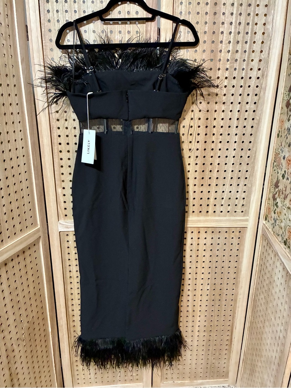 Little Black Midi Dress with Feather Trim by Likely Size 6 (Aubrey Dress)